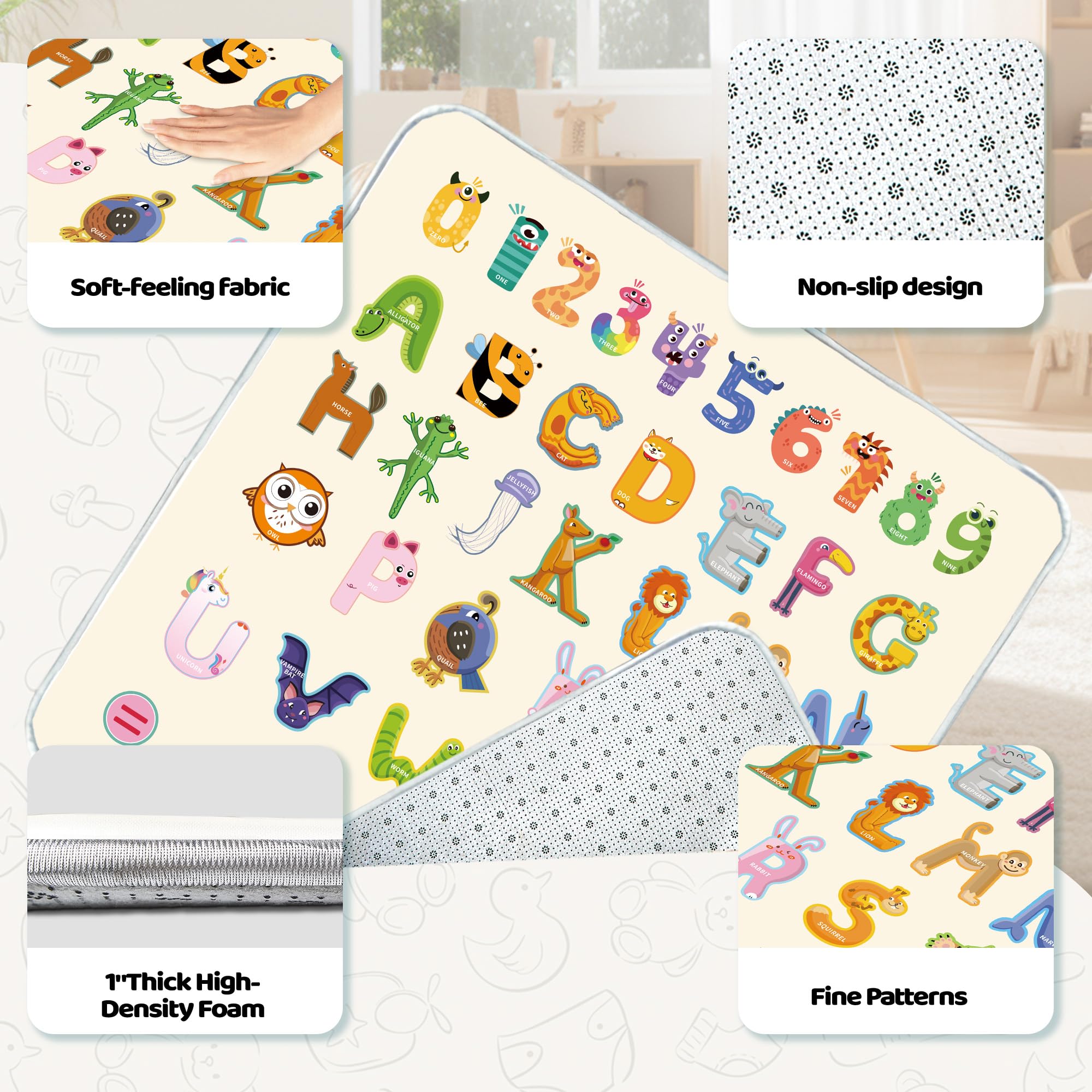 FUGWU playpen mat laid flat measuring 50 by 50 inches for generous crawling space