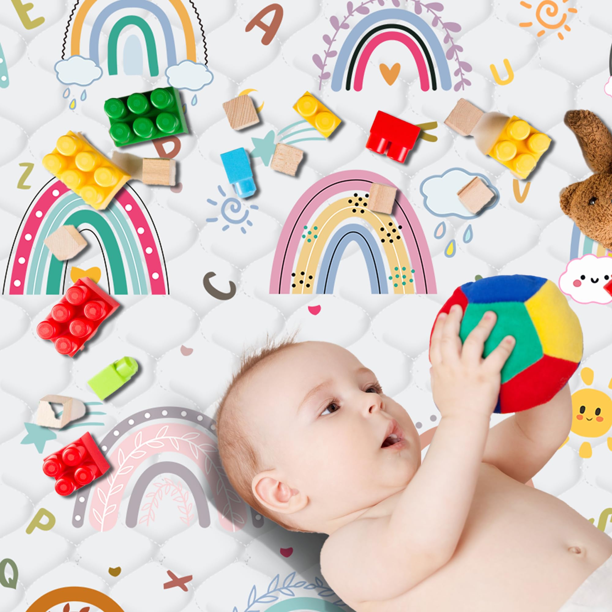 Fugwu rainbow-pattern mat attracts attention, supporting visual exploration during playtime.