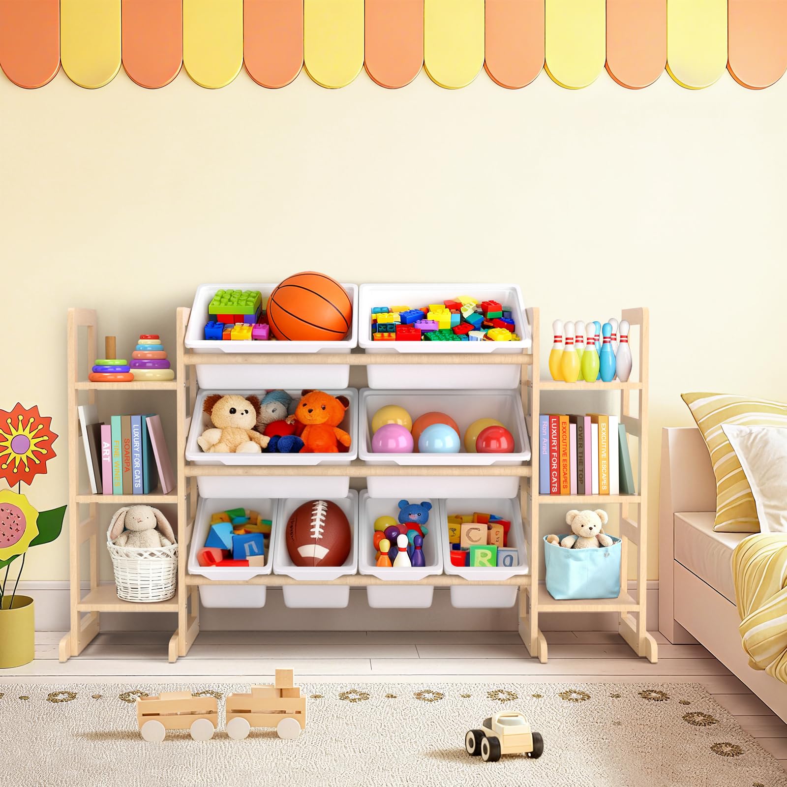 Fuilee organizes toys, books, blocks, and games for stress-free cleanup