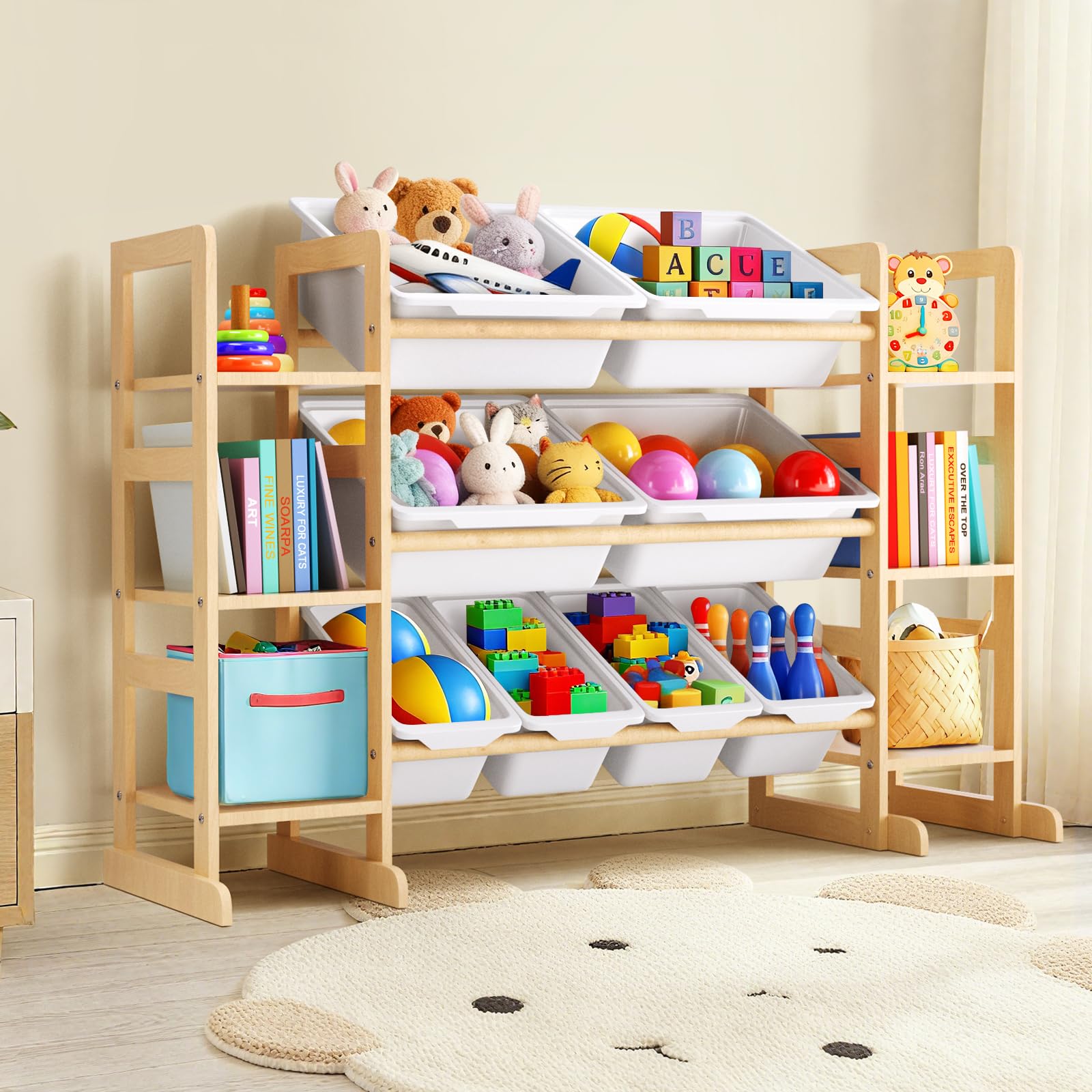 Fuilee wooden toy storage organizer with multi-tier bins and side shelves for easy sorting
