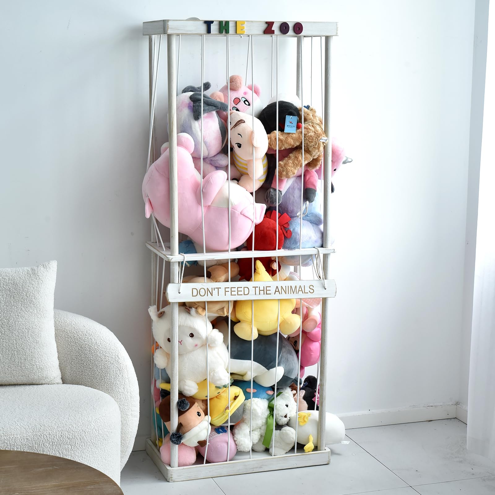 FUIN stuffed animal zoo storage cage encourages independent cleanup through accessible toys.