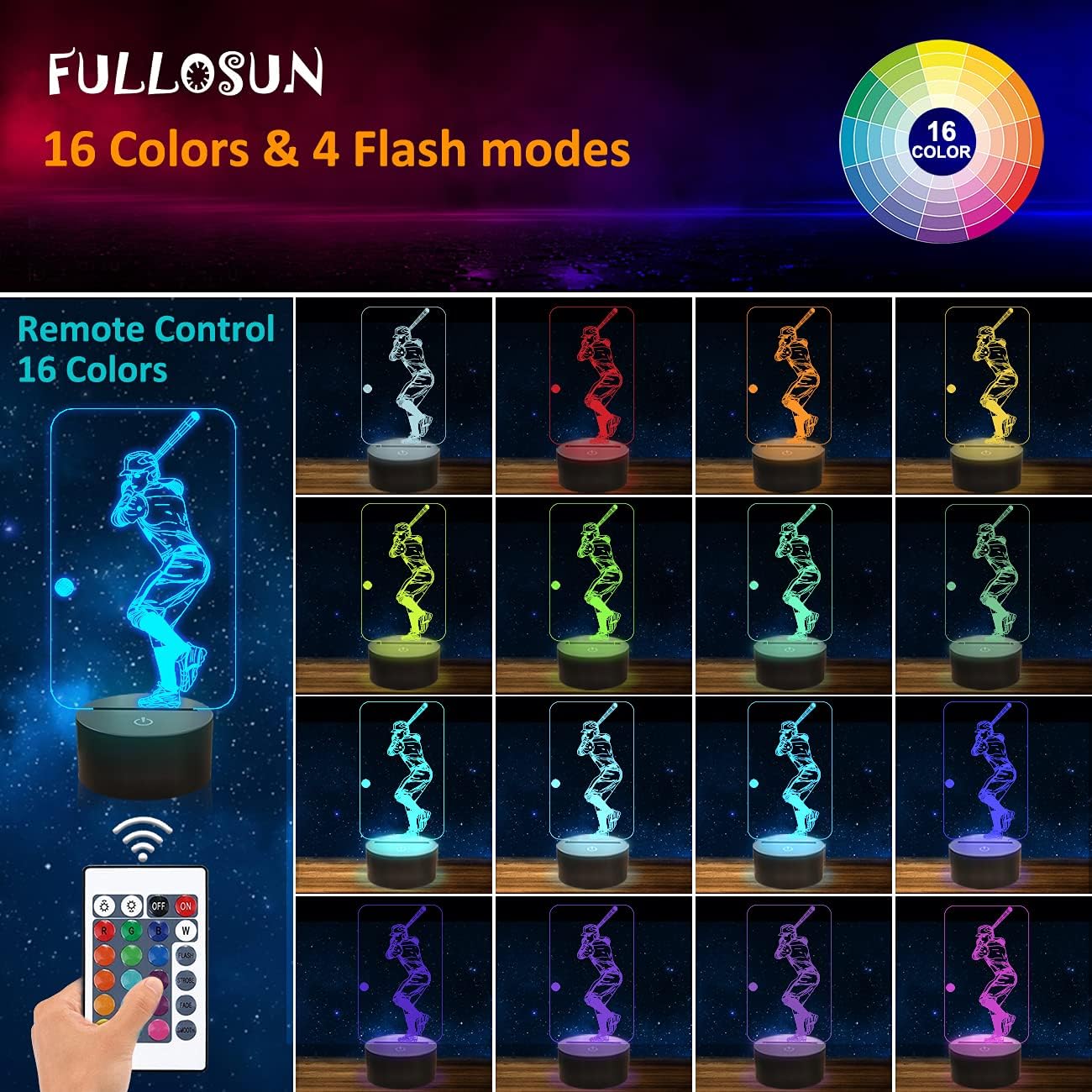 FULLOSUN Baseball 3D Night Light remote control for easy color changes