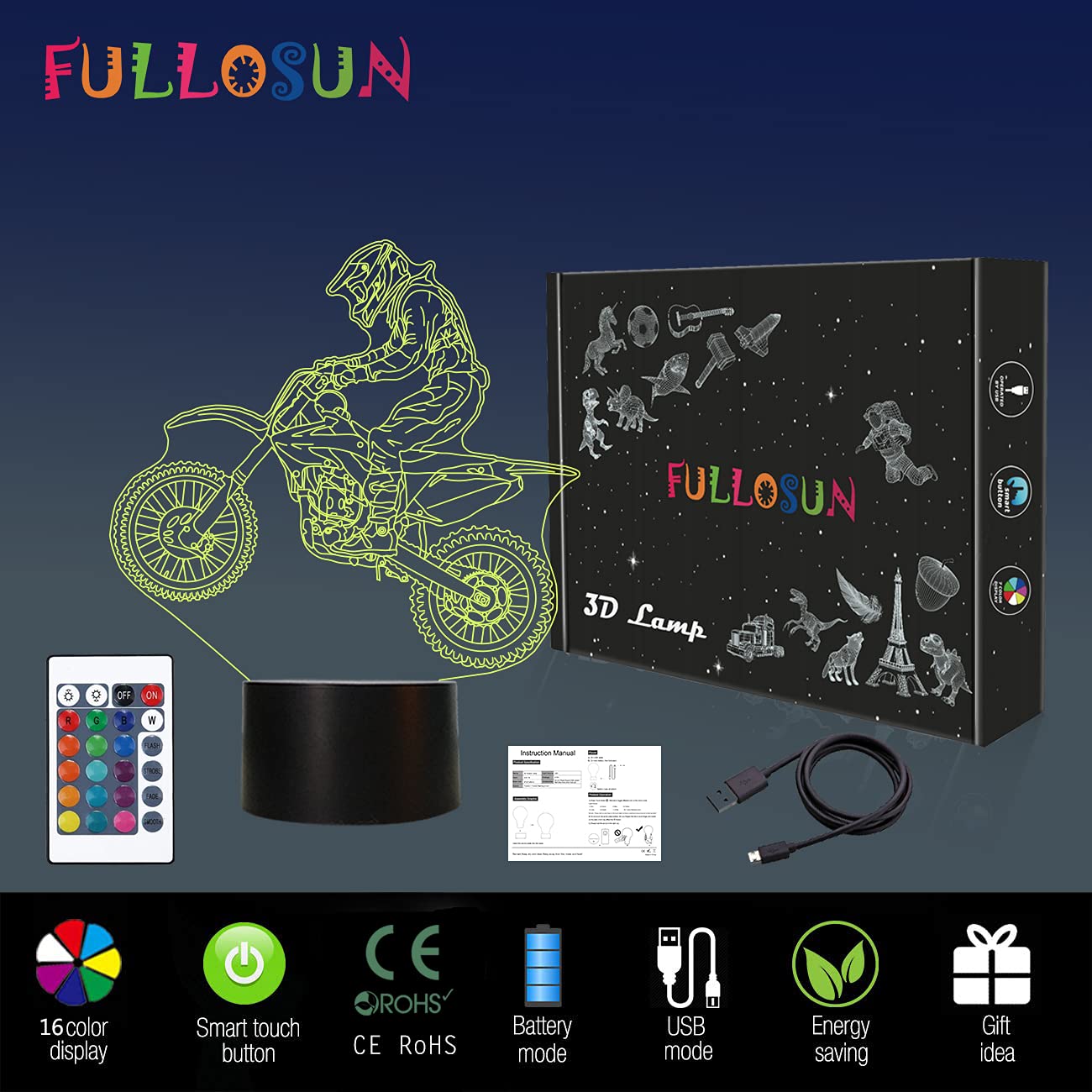 FULLOSUN dirt bike 3D night light packaging and box view
