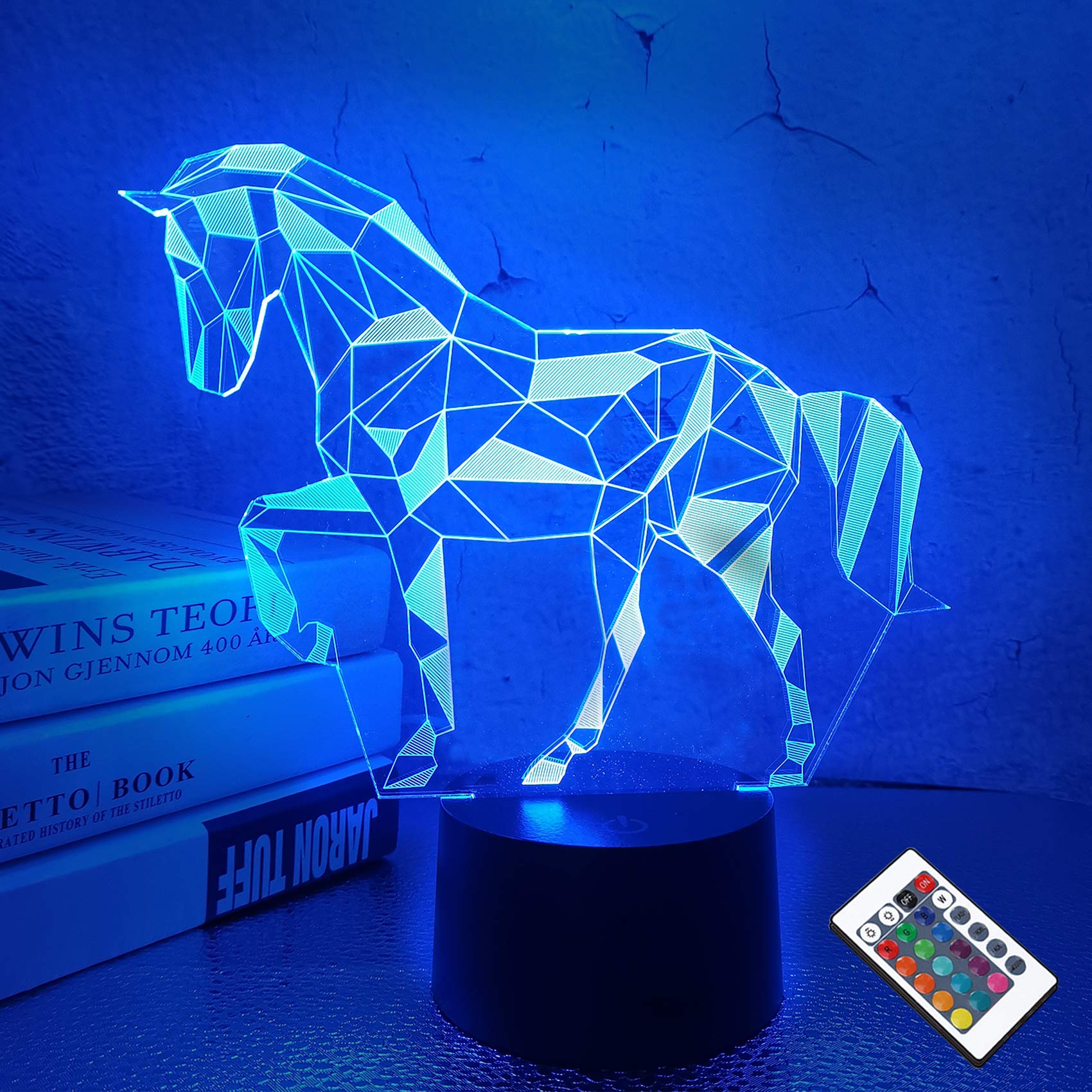 FULLOSUN horse illusion 3D night light on bedside table adds warm bedtime glow