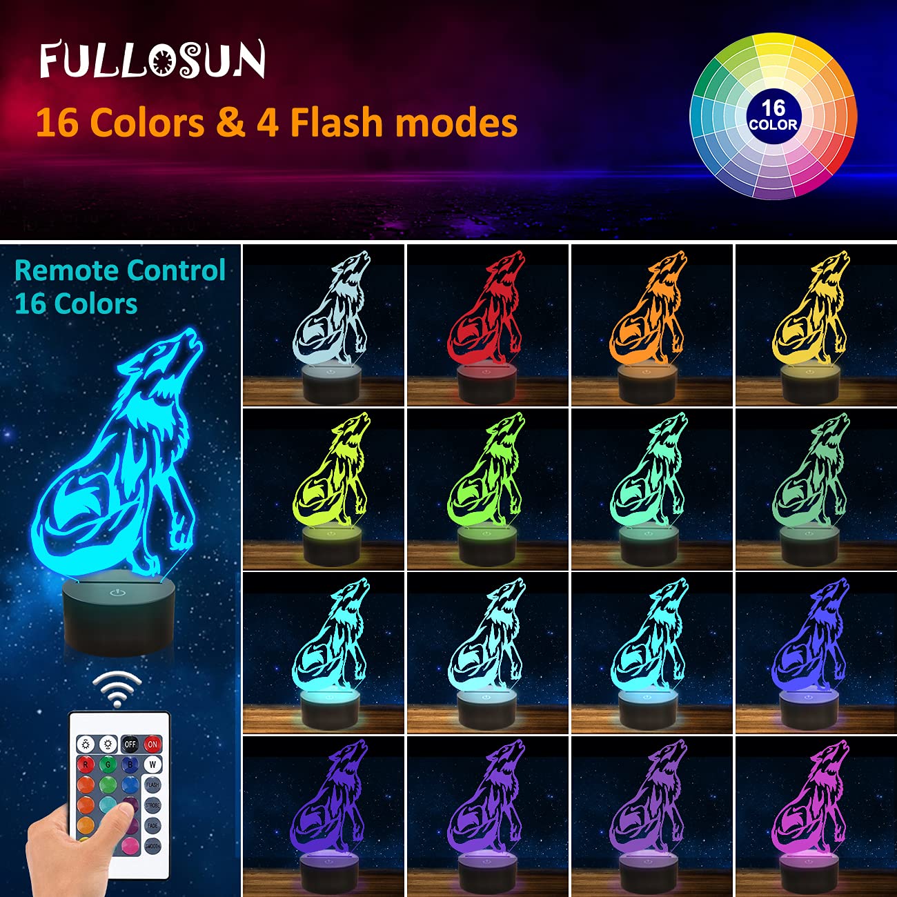 FULLOSUN wolf night light LED base provides soft, eye-friendly illumination.