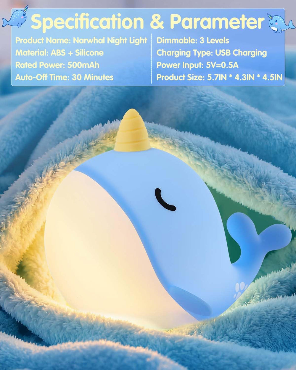 Fuloon Narwhal night light includes a 30-minute auto-off timer.