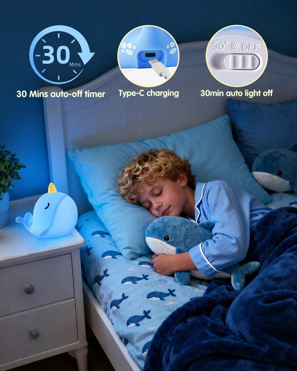 Fuloon Narwhal night light showcases color magic across seven hues.