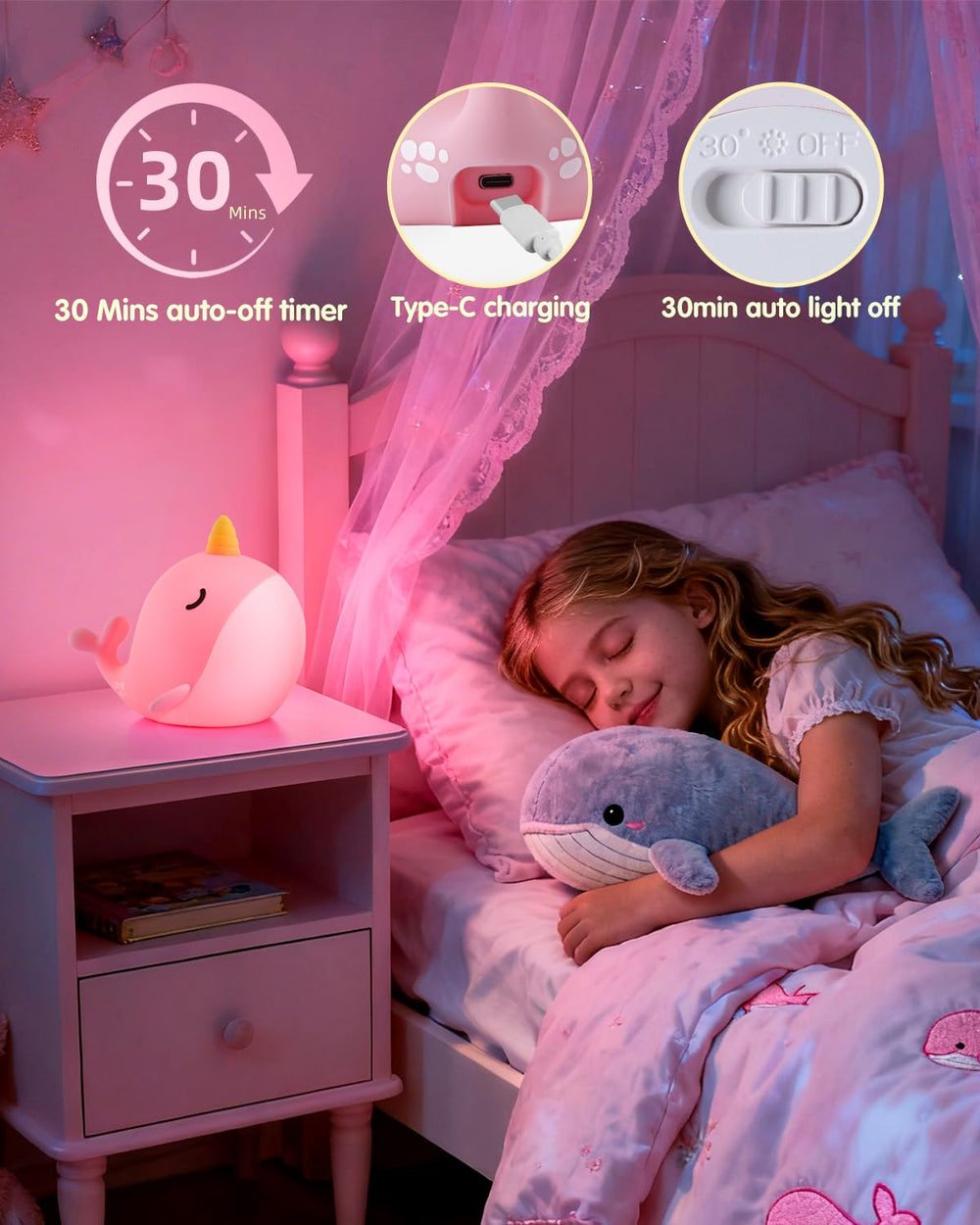 Fuloon Narwhal Night Light silicone shell stays cool to touch.
