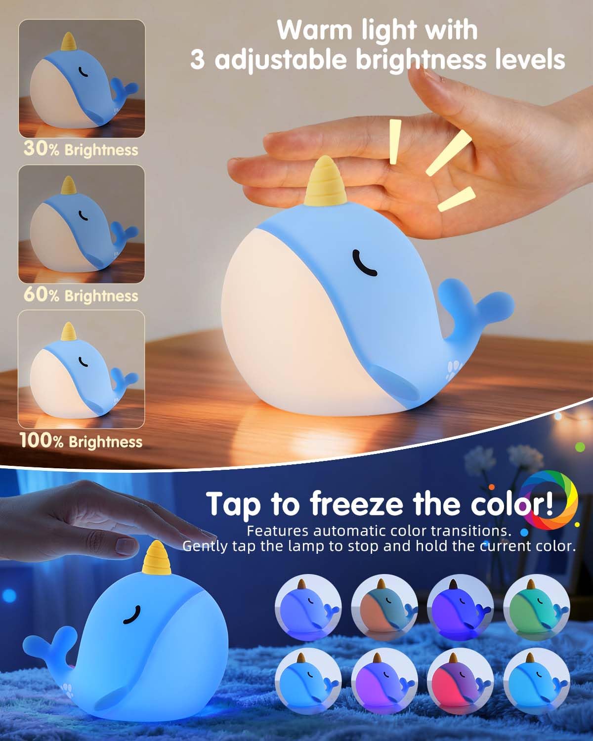 Fuloon Narwhal silicone soft-touch lamp offers a safe squishy surface for kids.