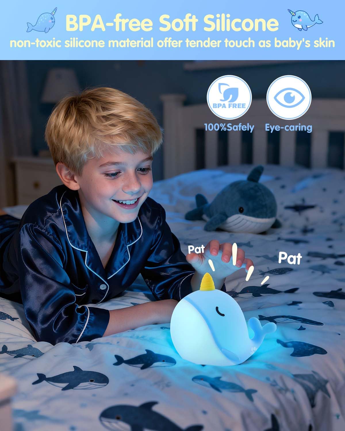 Fuloon Narwhal tap-control lamp cycles brightness and colors with a simple tap.