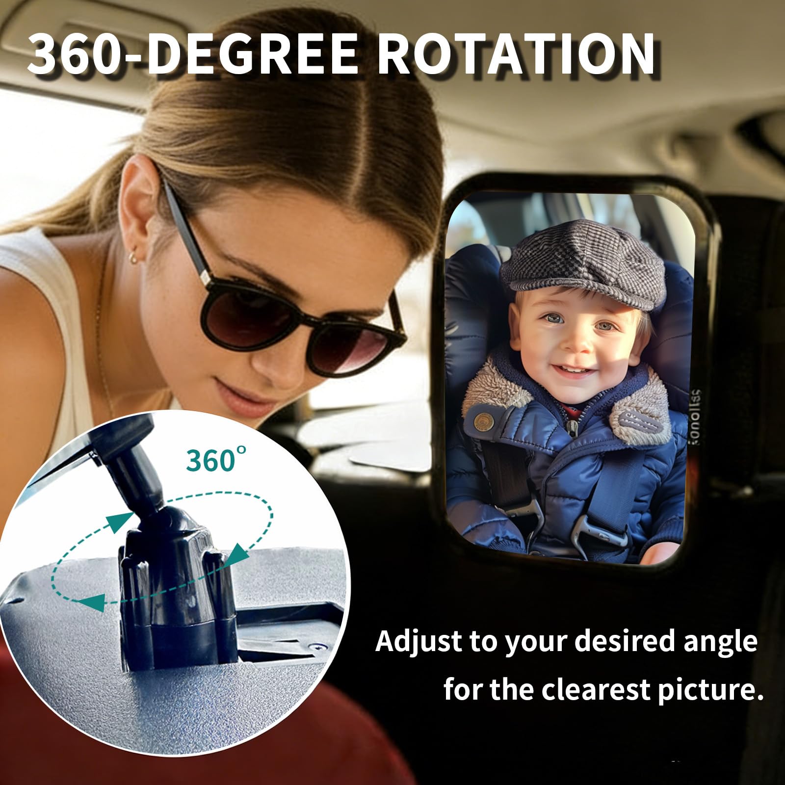 Funbliss car seat mirror providing a wide, clear rear view of baby.