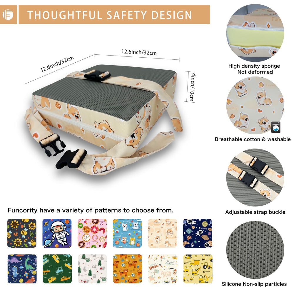 Funcority booster seat with adjustable straps keeps kids secure during use.