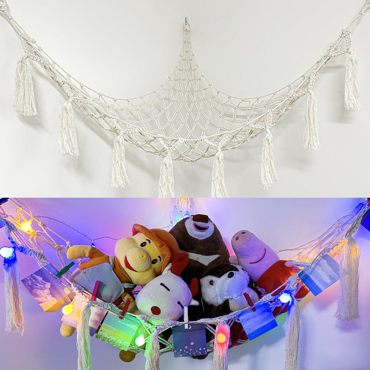 FUNCYboo stuffed animal net with LED light bar brightens a playful bedroom display.