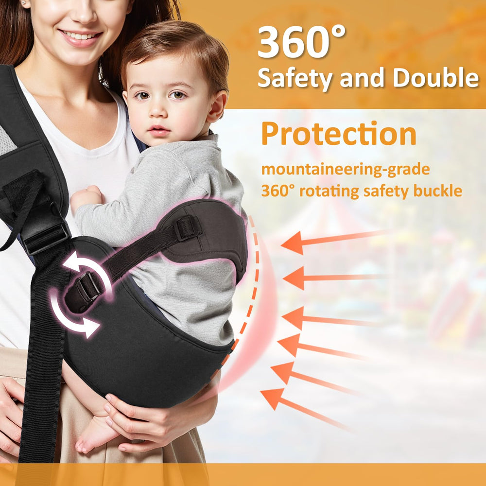 FUNITO toddler sling hip-carry view showing ergonomic seat for growing child.