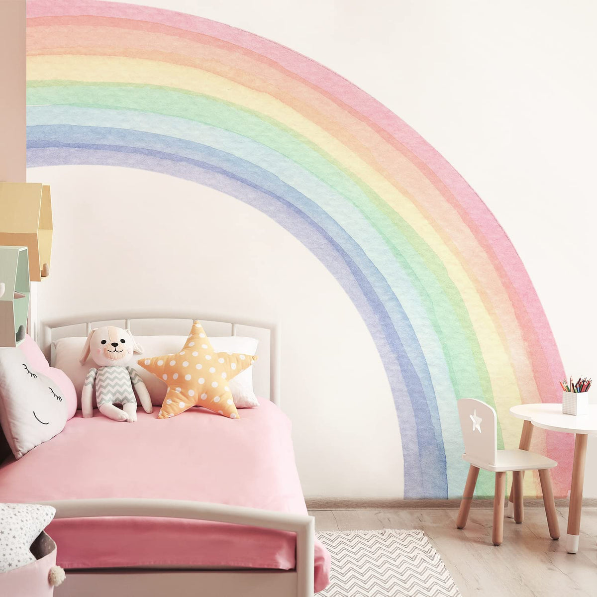 Funlife rainbow wall mural panel 1 offers a gentle backdrop for kids’ rooms.