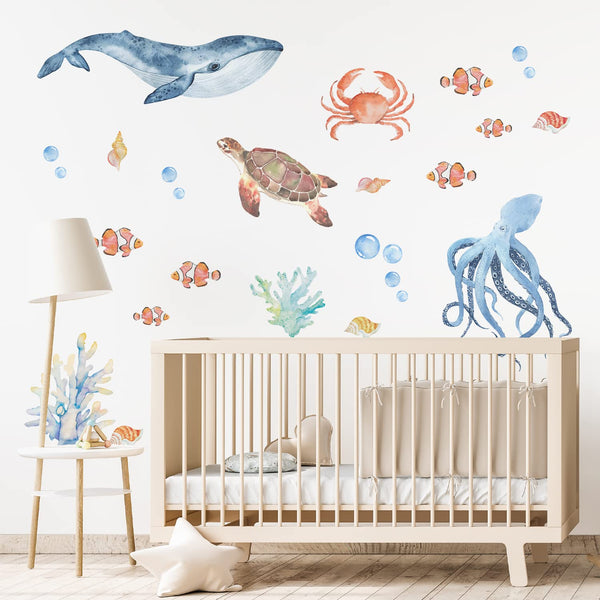 funlife under-sea wall decals whale: fade-resistant decor for a bright nursery.