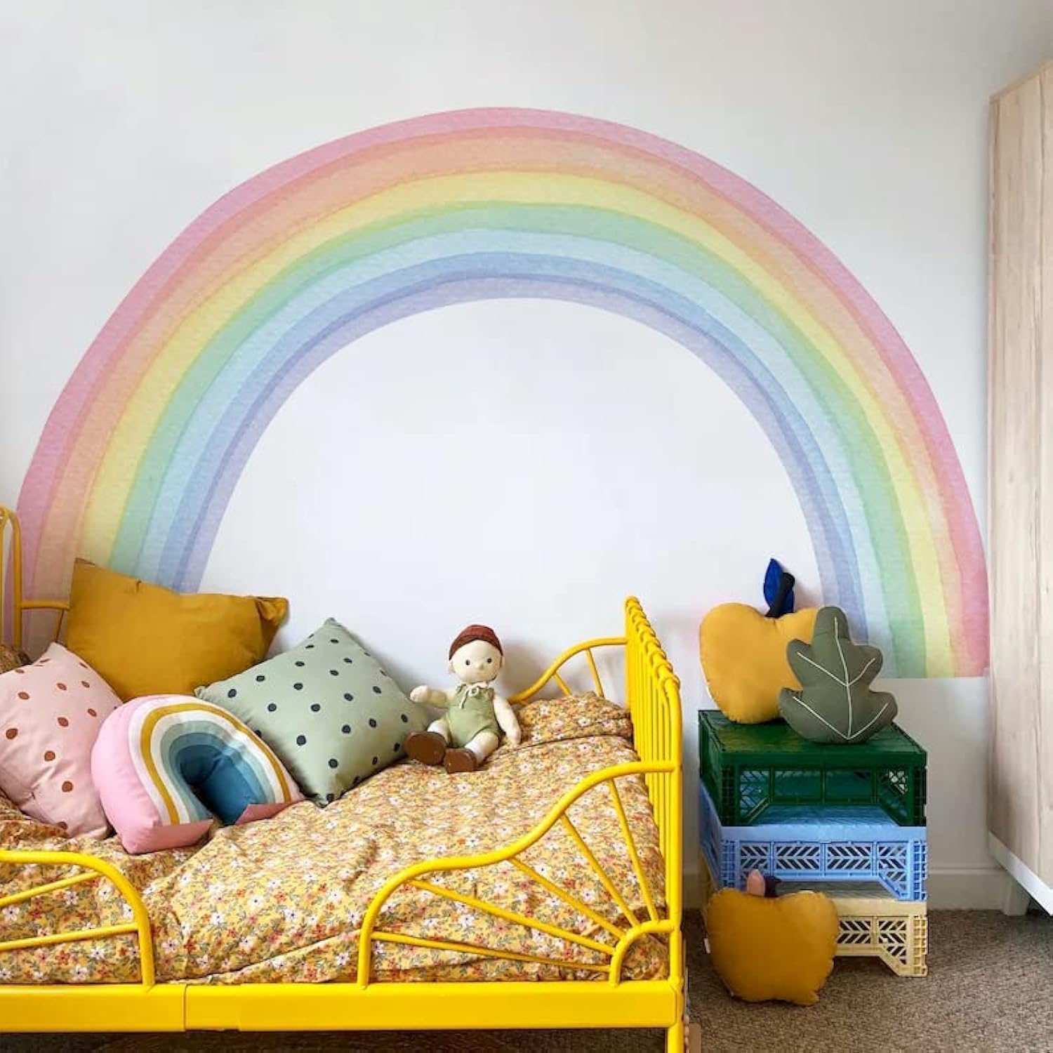 funlife vinyl rainbow wall mural panel 1 adds bright color to a girl's bedroom.