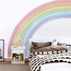 Funlife watercolor rainbow wall mural left-half adds dreamy ambiance to playroom.