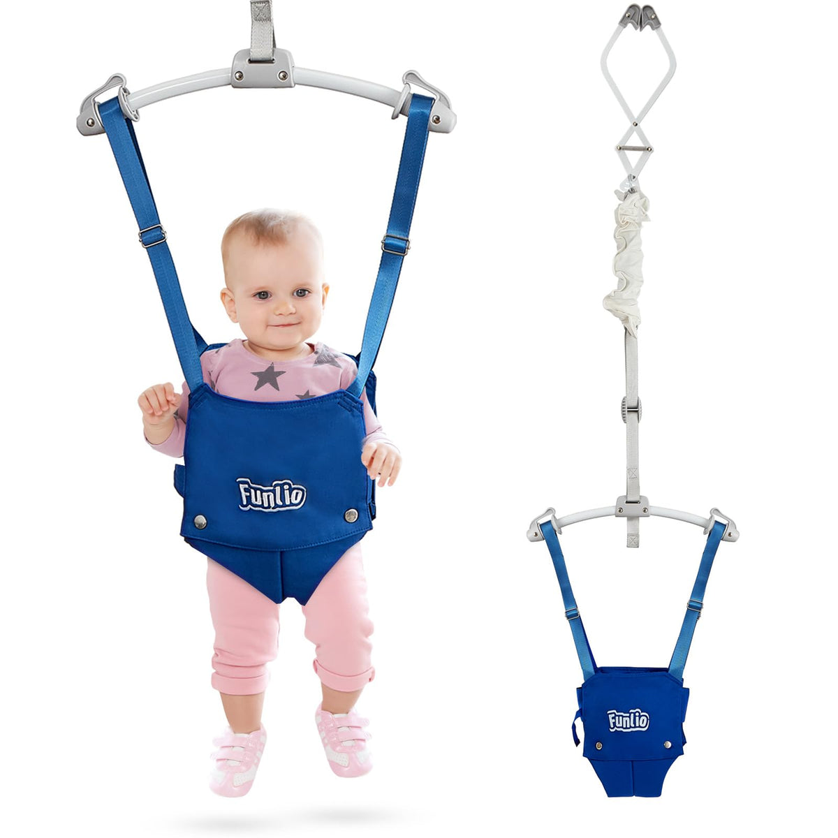 FUNLIO baby door jumper in use in doorway showing upright seating and safe bounce