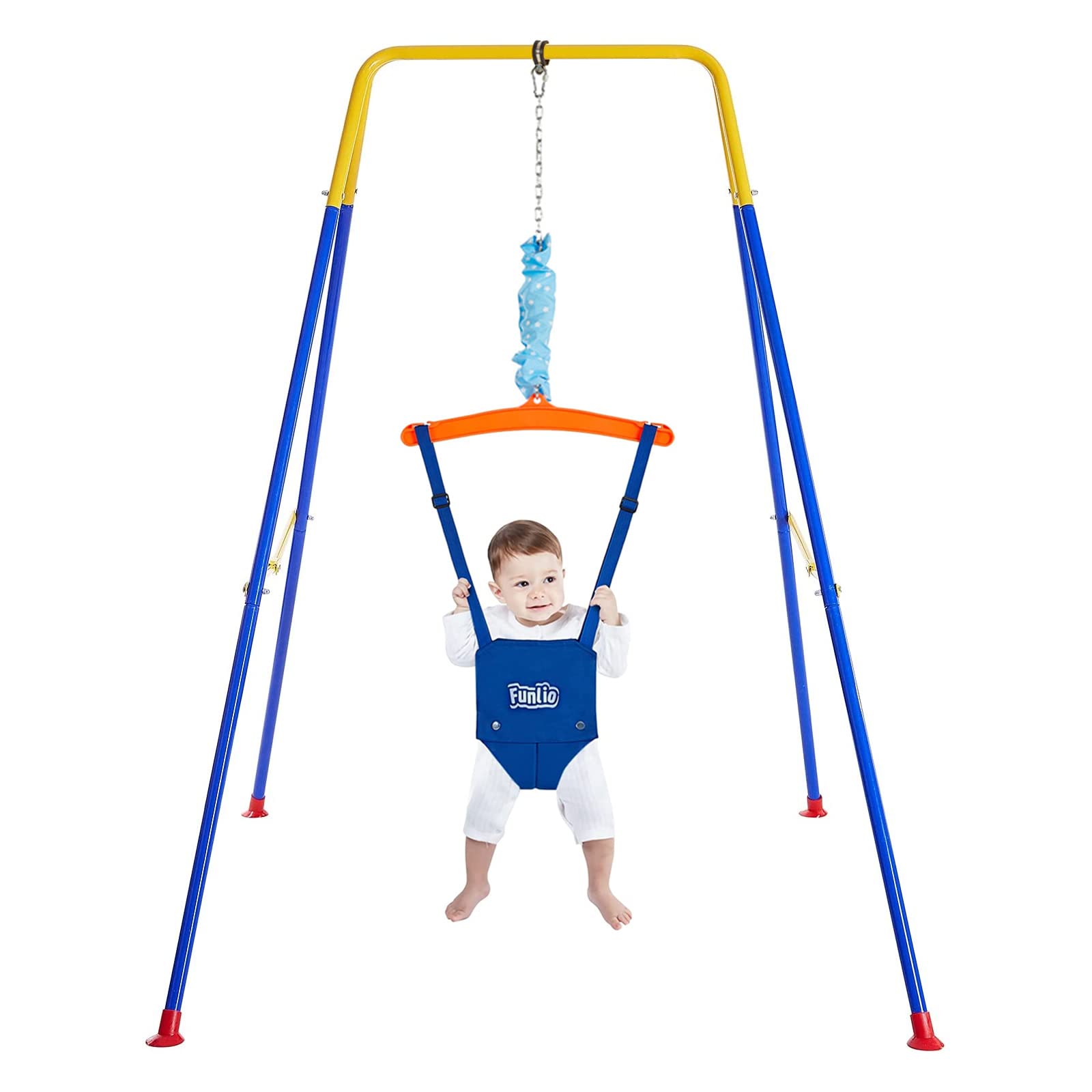FUNLIO baby jumper with stand front view in blue; safe indoor play