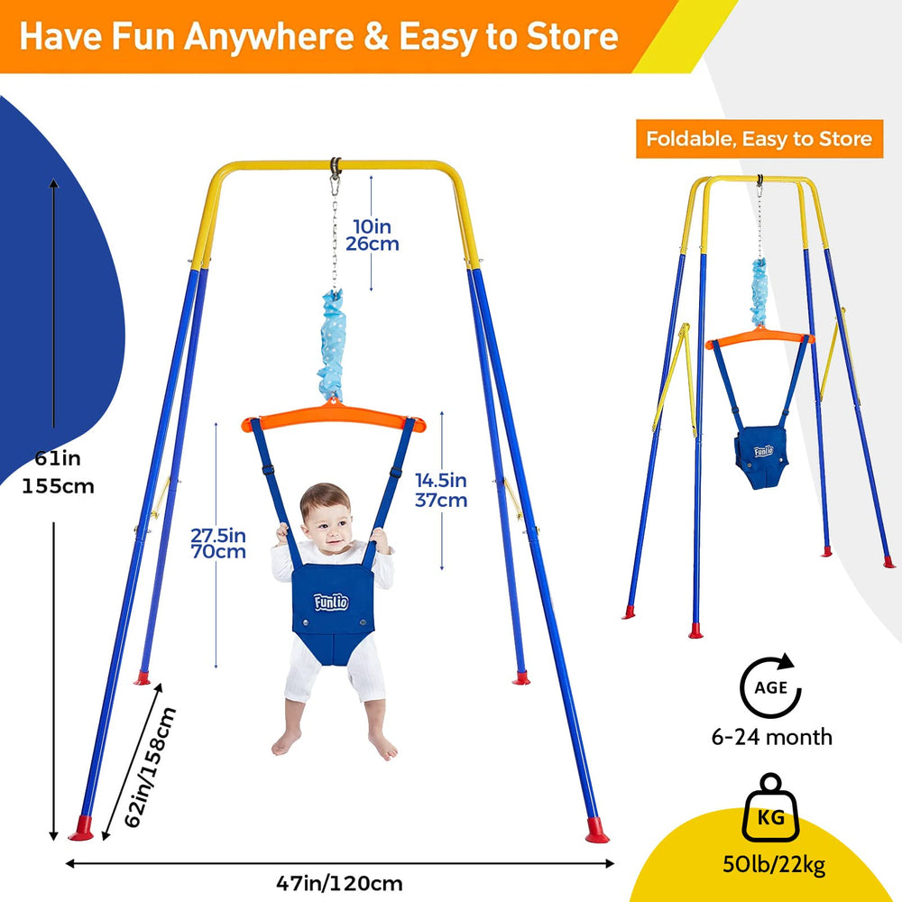 Indoor-outdoor usage with blue FUNLIO jumper on soft surfaces