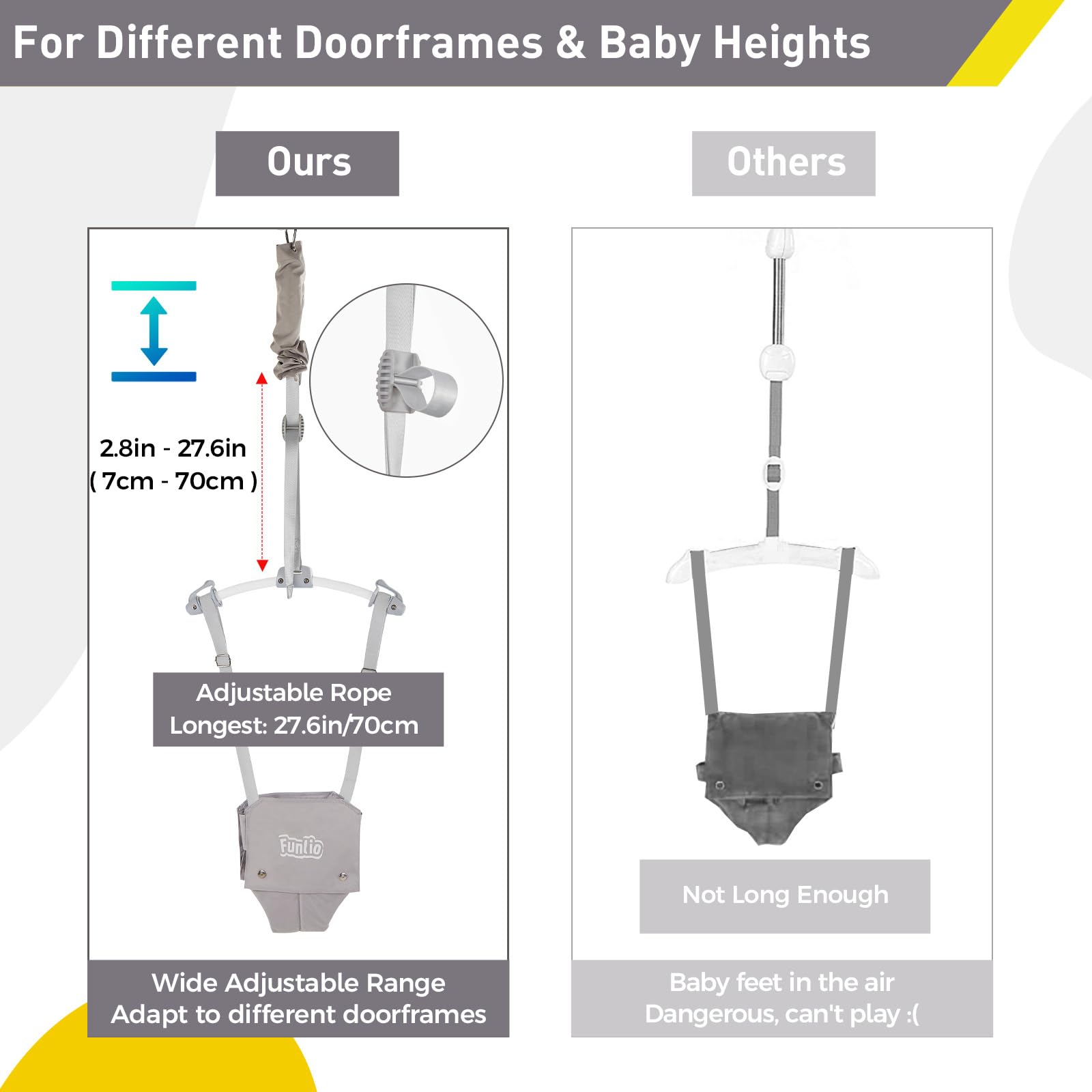 Height adjustable rope lets you tailor jumper height for growing infants.