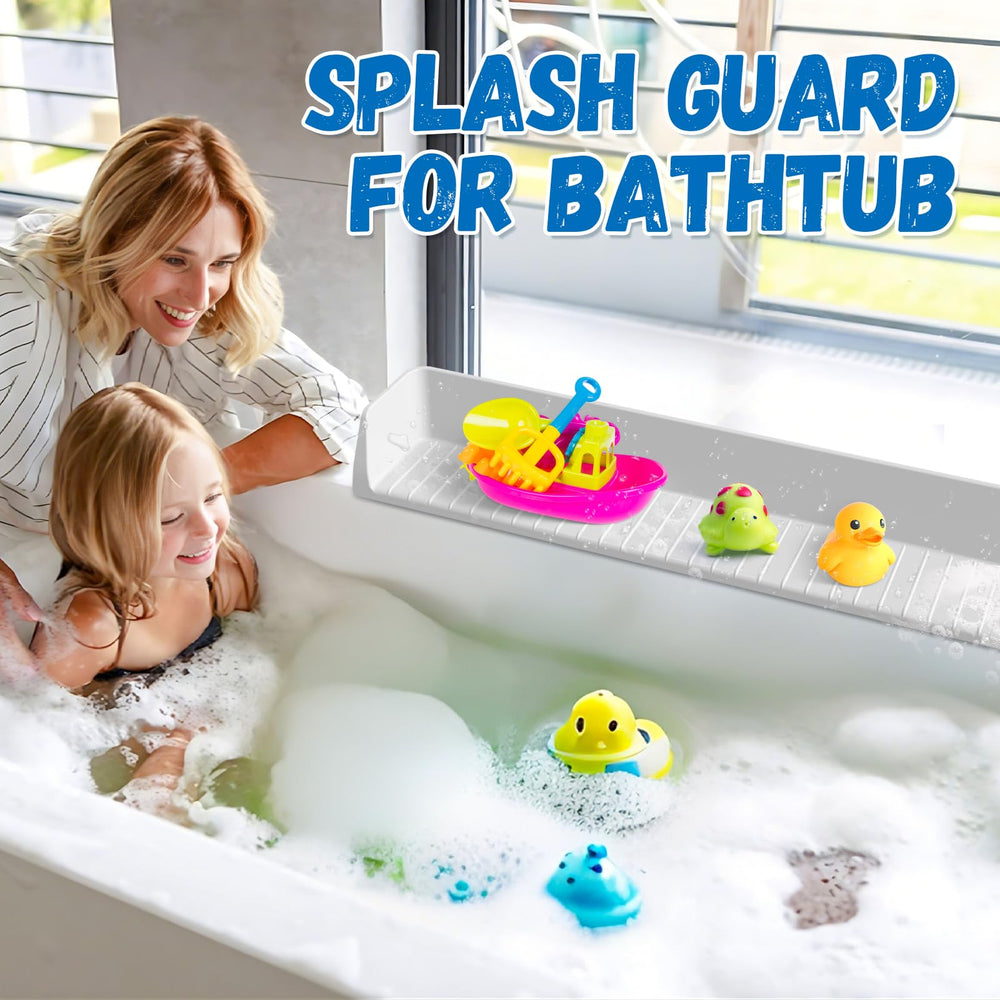 Funny Old Man splash guard doubles as a bath toy shelf for easy access to toys.