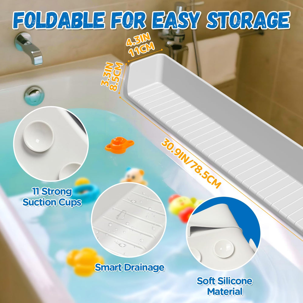 Funny Old Man splash guard functions as a toy holder while keeping bath essentials within reach.