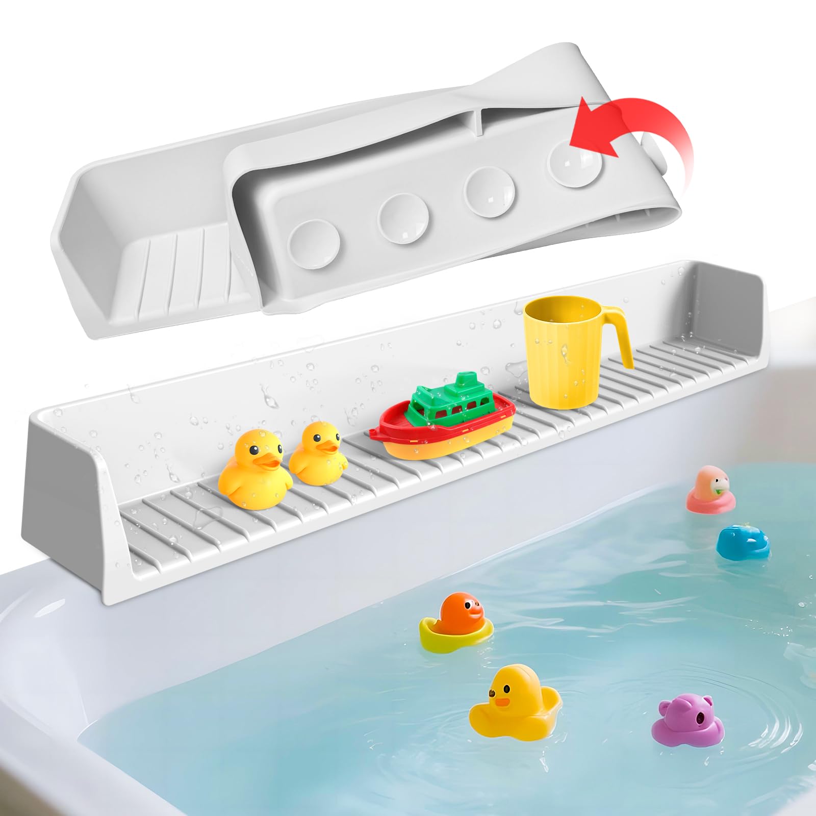 Funny Old Man splash guard on tub edge with 11 suction cups prevents spills and protects floors.