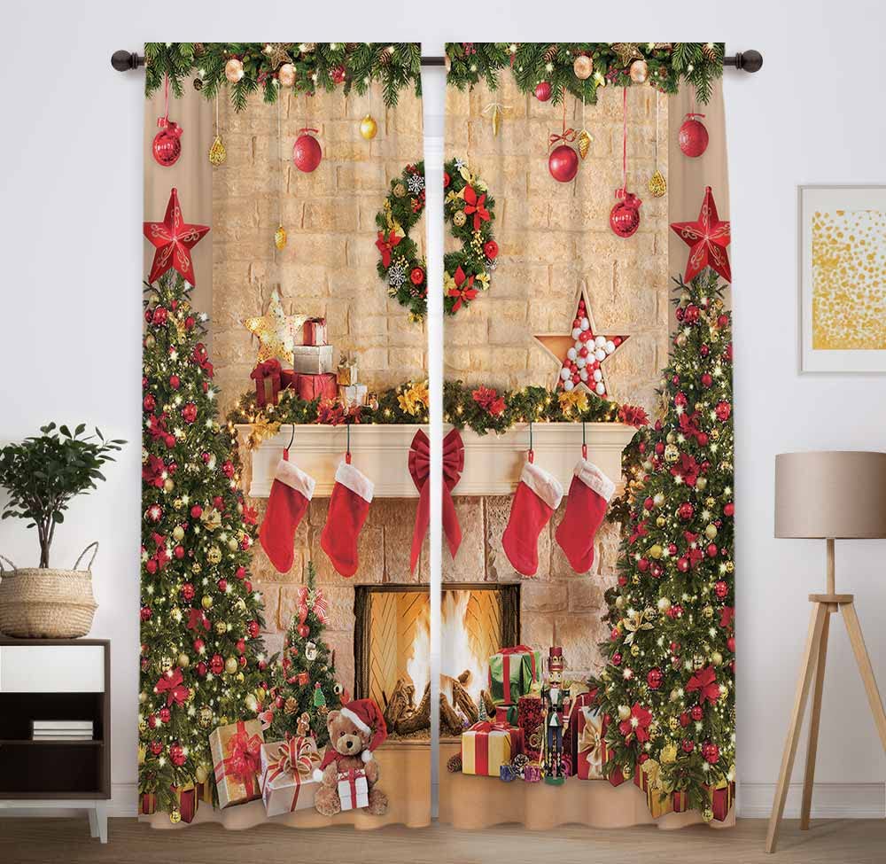 Funnytree Christmas fireplace window curtains brighten the living room with festive style.