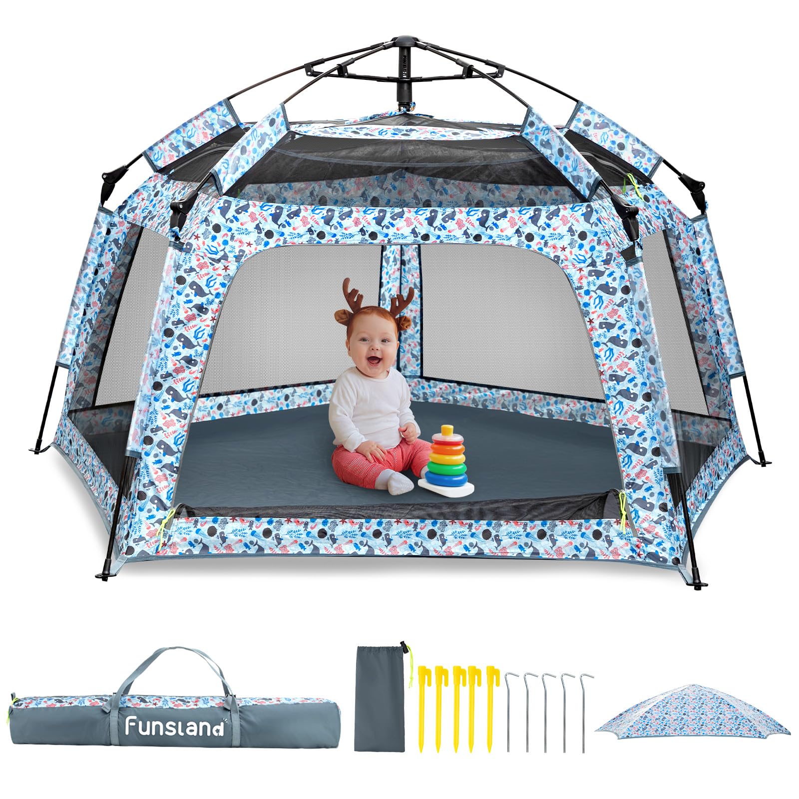 Funsland Baby Pop-Up Playpen on ocean beach with quick setup and shade.