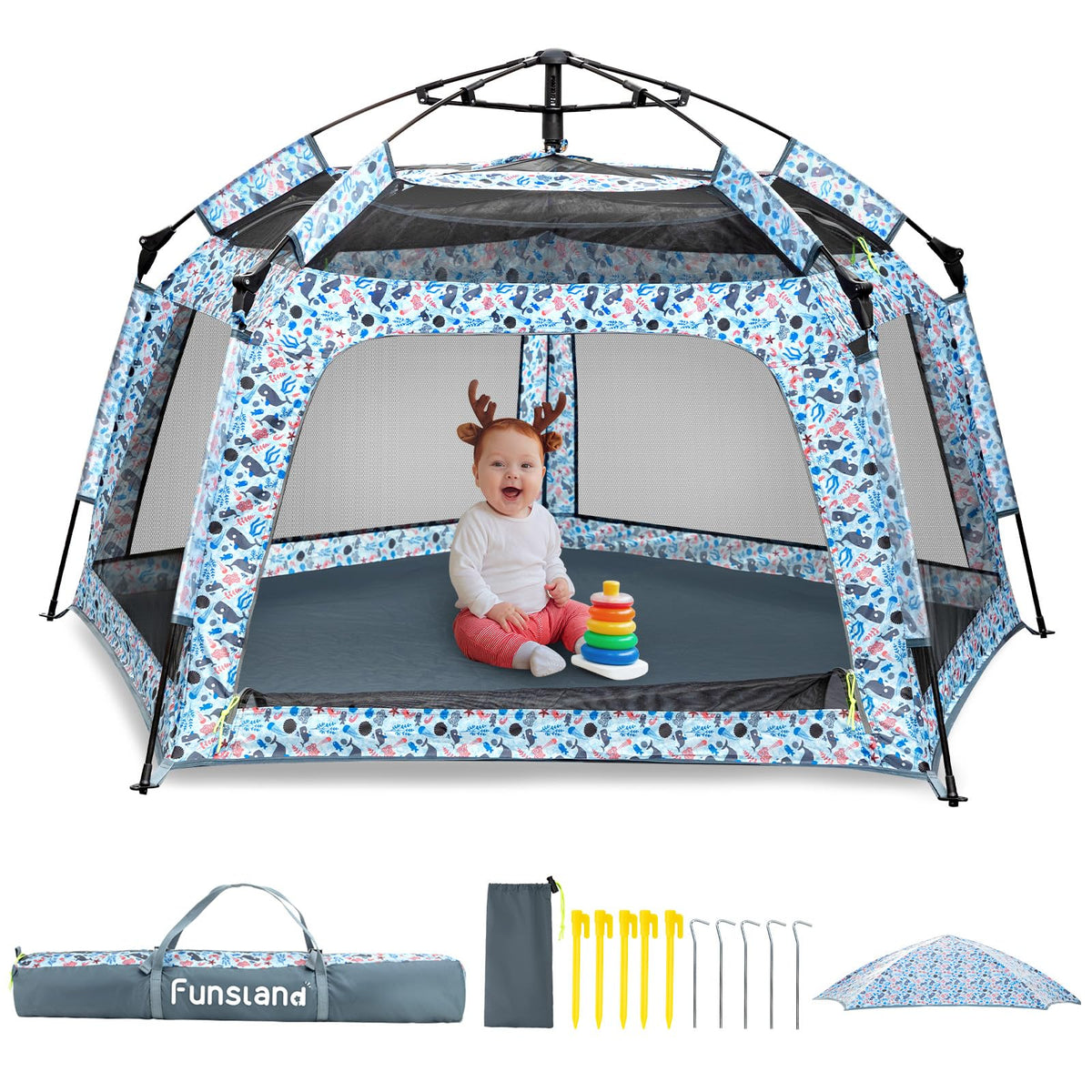 Funsland Baby Pop-Up Playpen on ocean beach with quick setup and shade.