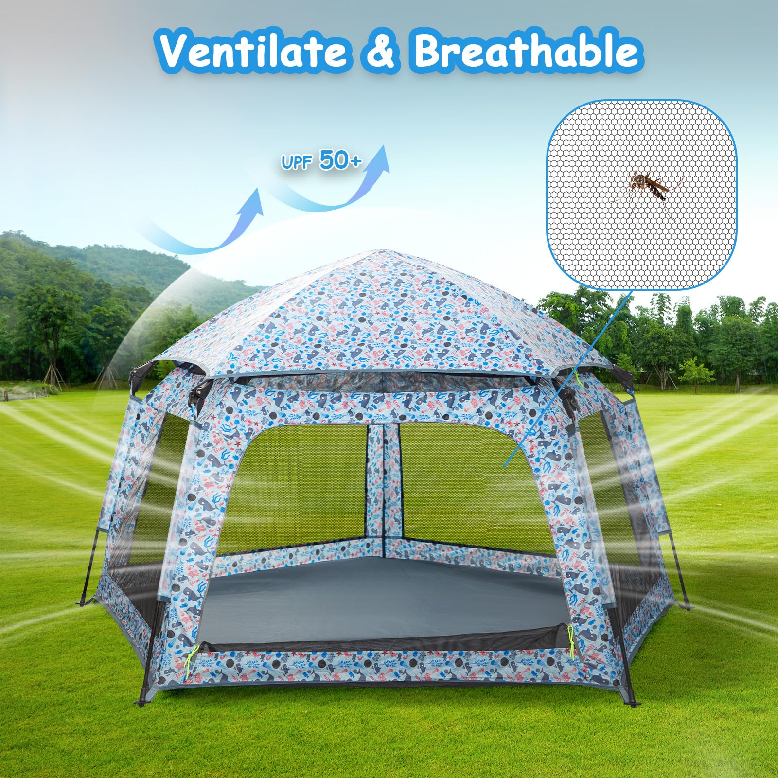 Funsland playpen with breathable mesh sides keeps air circulating.
