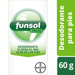 Funsol talcum powder packaging on shelf shows clean, modern branding.