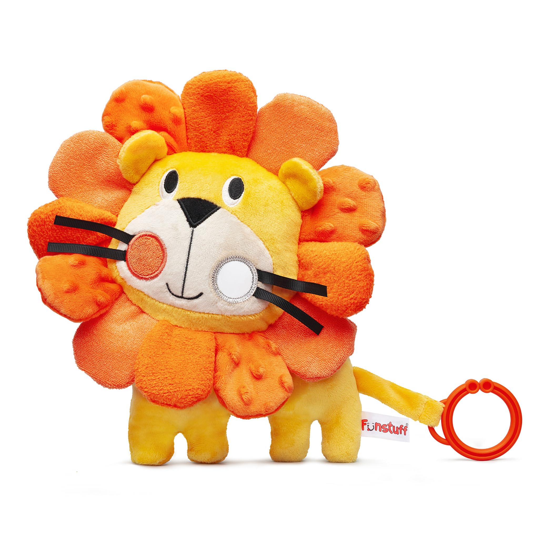 Funstuff Roary the Lion crinkle toy stimulates senses during baby play and snuggle time.