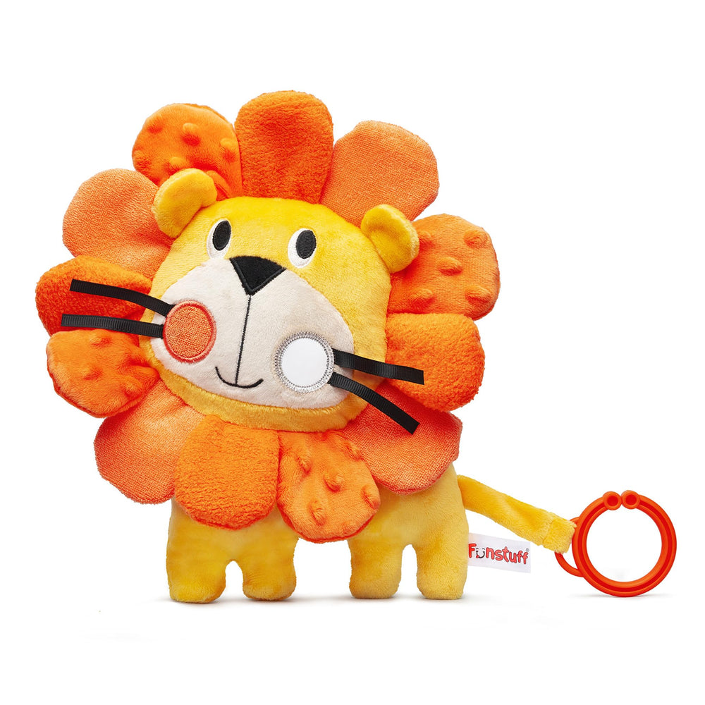 Funstuff Roary the Lion crinkle toy stimulates senses during baby play and snuggle time.