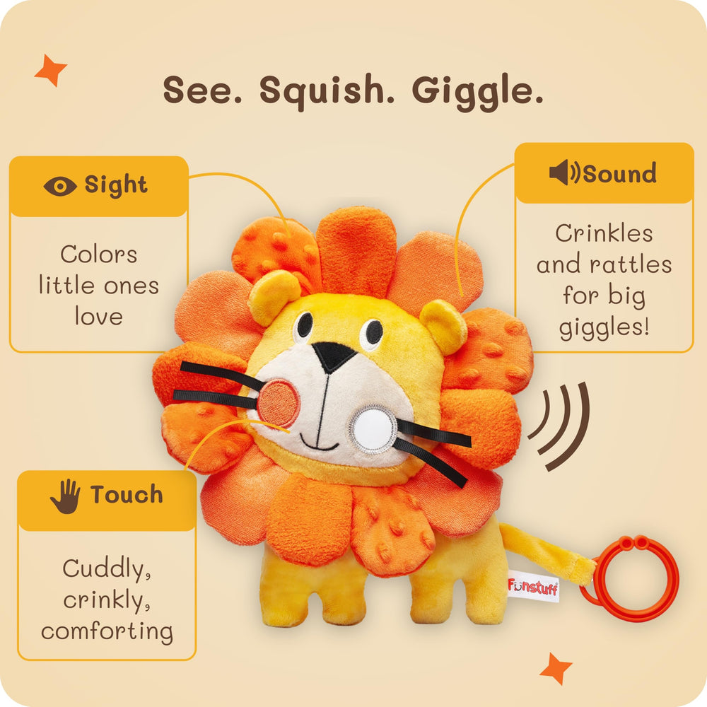 Funstuff Roary the Lion mirror encourages early self-viewing and engagement.
