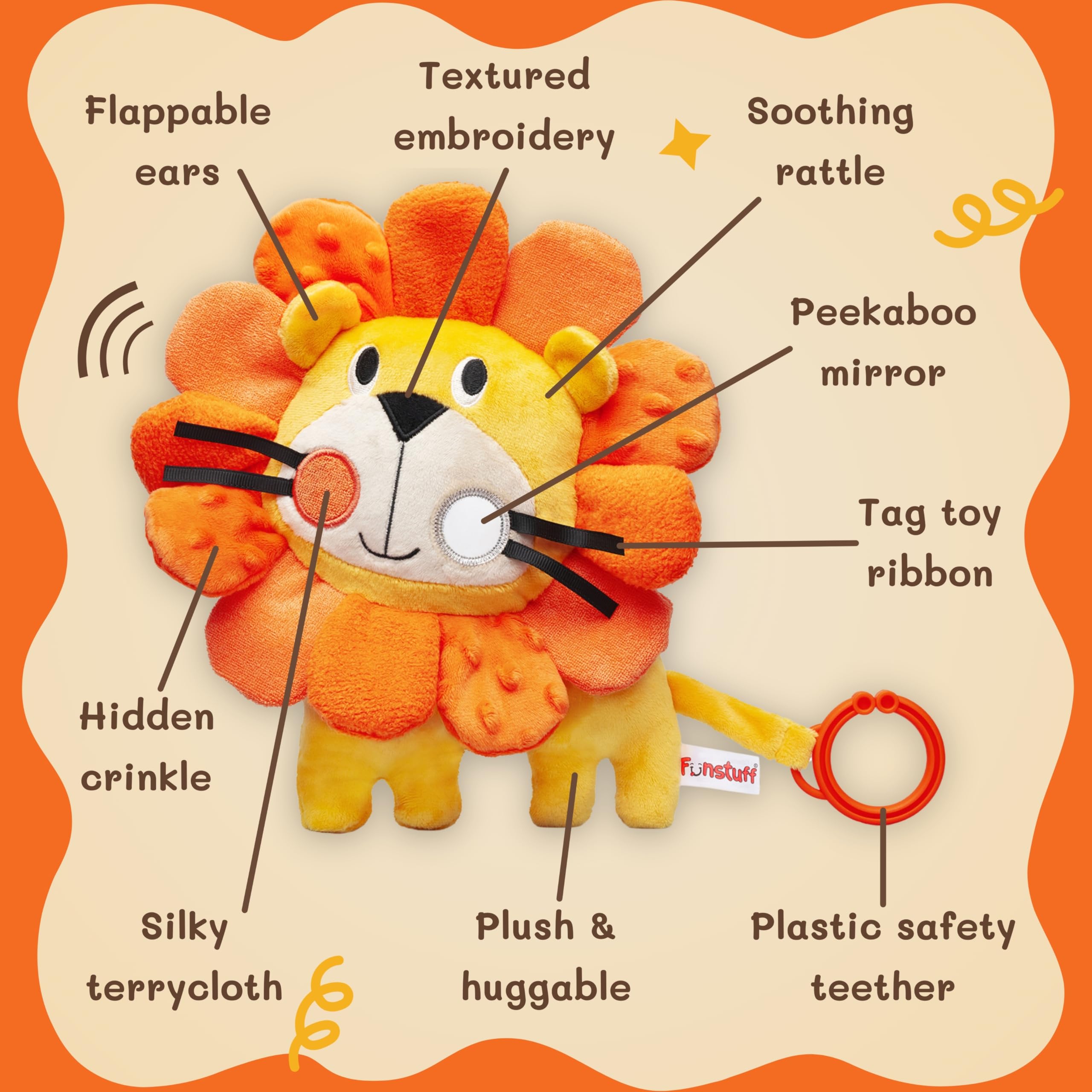 Funstuff Roary the Lion silky terrycloth fabric feels soft for cozy hugs.