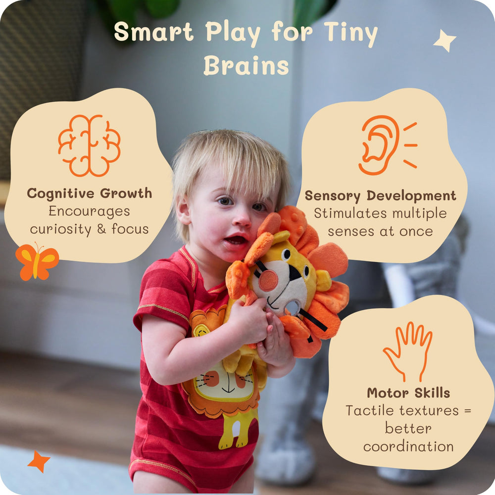 Funstuff Roary the Lion teether ring soothes gums on the go for babies.