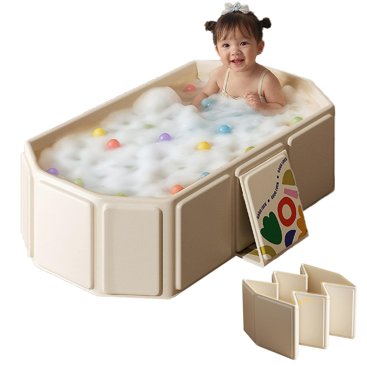 FunTankie collapsible toddler bath tub folded for travel and storage.