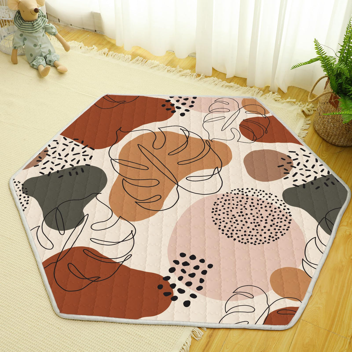 Funtery woodland animals hexagon playmat offers a spacious floor area for safe crawling.