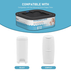 Fununcat Diaper Genie-compatible refill shows easy compatibility with Classic, Compact, and Select pails.