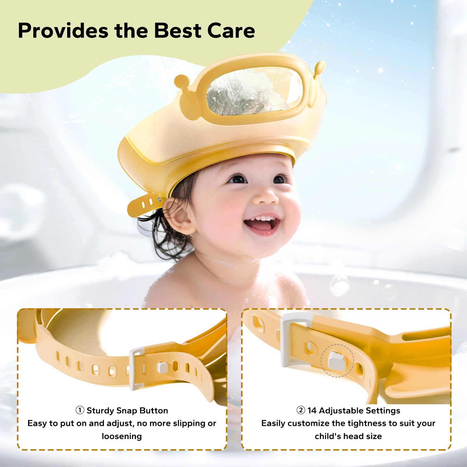 FUNUPUP 14-size adjustable shield fits ages 1-15 for growing heads.
