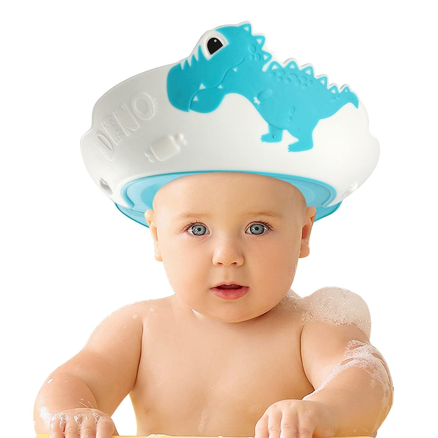FUNUPUP baby shower cap with dinosaur pattern, blue, front view protects eyes from shampoo.