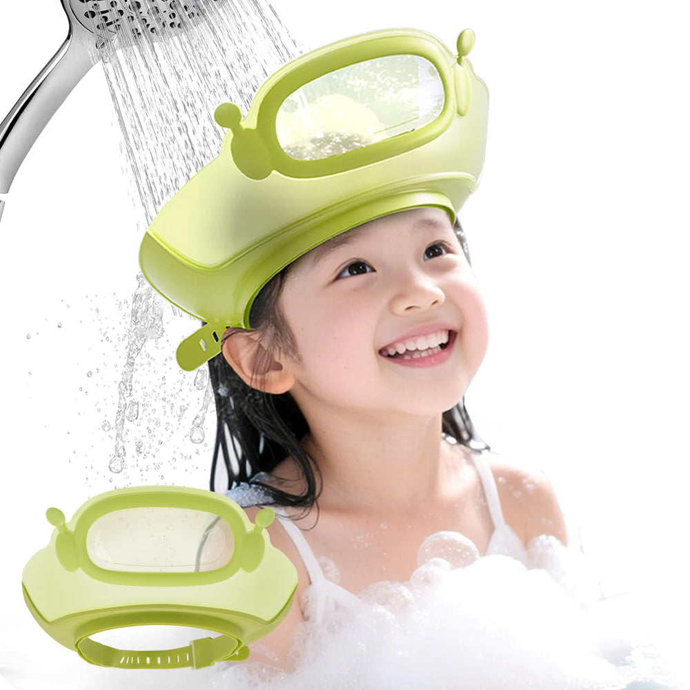 FUNUPUP Baby Shower Cap front view shows flexible shield keeping eyes dry