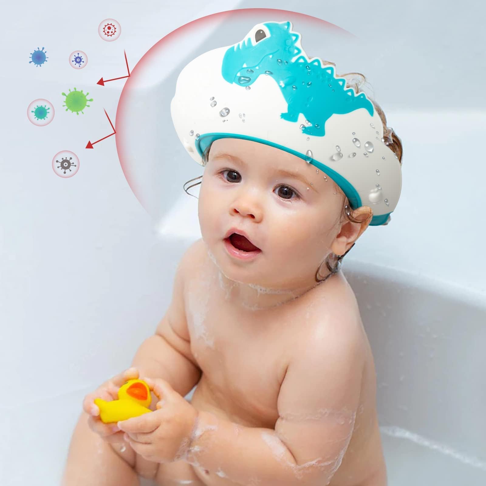 FUNUPUP blue dinosaur cap shields ears from water and shampoo foam.