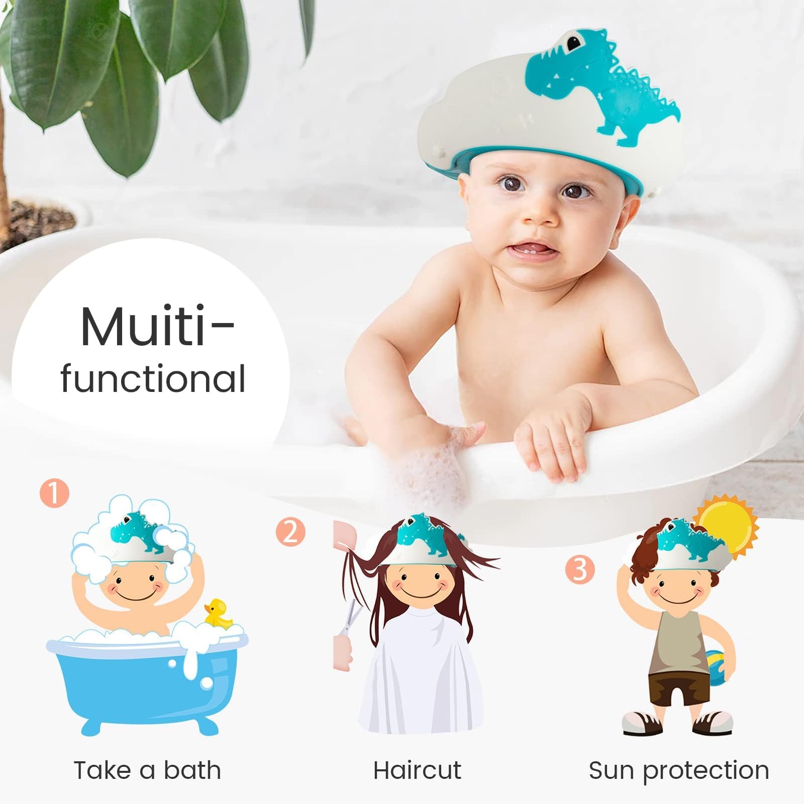 FUNUPUP child-friendly dino-cap design makes bath time enjoyable.