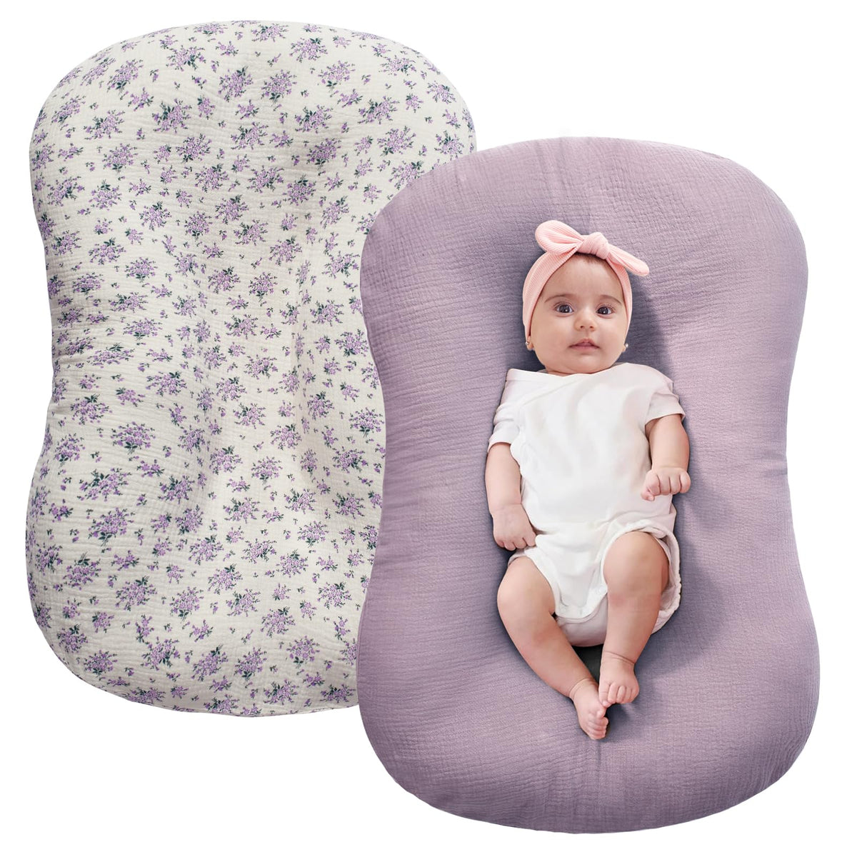 FUNUPUP muslin baby lounger cover in purple floral for breathable comfort.