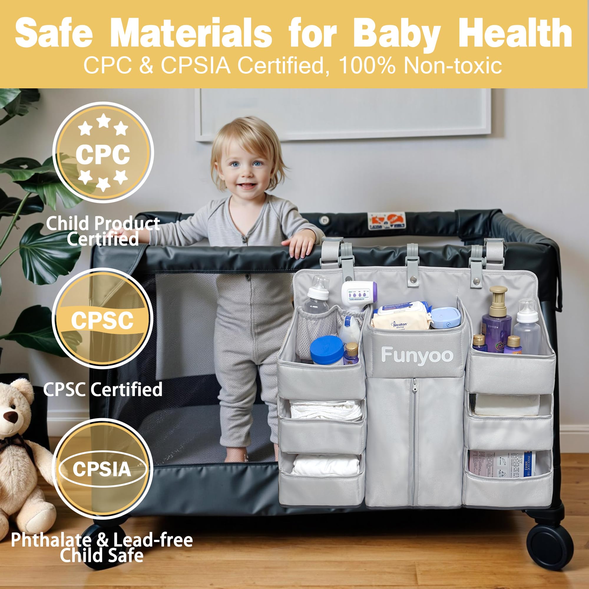 Funyoo diaper-pocket-zippered holds 70+ diapers and keeps them dust-free for quick changes.