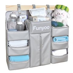 Funyoo baby hanging diaper organizer on crib shows convenient storage for diapers and essentials.